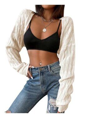 Cropped Open Front Cardigan Long Sleeve Knit Shrug Going Out Sweater